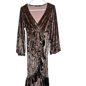 Nasty Gal Pink Green Velvet Wrap Long Sleeve Dress